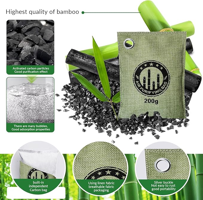 4 Pack charcoal odor absorber,Bamboo Charcoals Air Purifying Bag Charcoals Deodorizer Eliminator for Strong Odors in Car, Closet, Shoe, Basement (200G*4 Pack Green, Unscented)