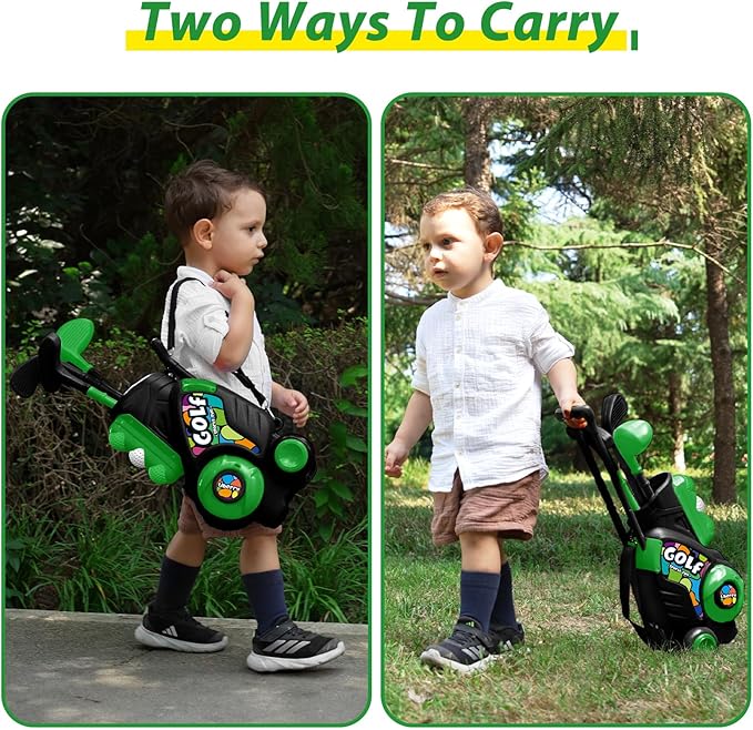 Liberry Toddler Golf Set with Putting Mat for Boys Girls Age 2 3 4 5, Upgraded Kids Golf Cart with Shoulder Strap Design, Outdoor Indoor Sports Toys for Birthday, Black