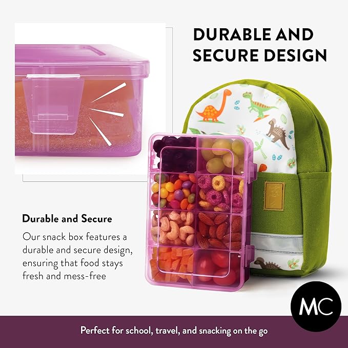 Snack Box Containers Set of 2-Reusable,100 Dissolvable Labels, 8 Adjustable Compartments, Dishwasher Safe, BPA-Free, Meal Prep Container, PARENT TESTED PARENT APPROVED AWARD (2 Pack) (Purple)