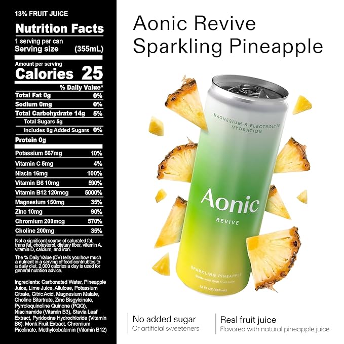 Aonic Revive Sparkling Pineapple – Magnesium + Potassium Electrolyte Hydration Drink, Delicious Taste, Real Fruit Juice, 12oz (12 Pack)