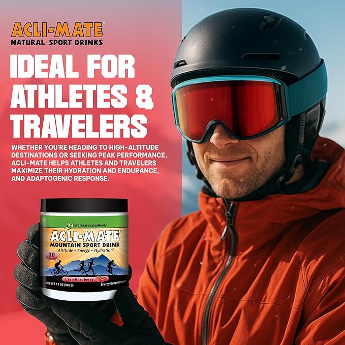 Acli-Mate Mountain Sport Drink Mix - High Altitude Acclimatization Electrolytes Powder - Energy Powder Mix - Recovery Hydration Drink for Running, Hiking, Cycling, Travel & More (1 Tub, CranRaspberry)