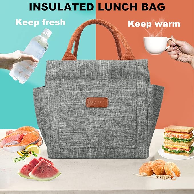Joymee Lunch Bag Women Insulated Lunch Box Reusable Leakproof Large Spacious Tote for Women Men Adult with Bottle Holder and Side Pockets for Work Picnic Travel - Grey