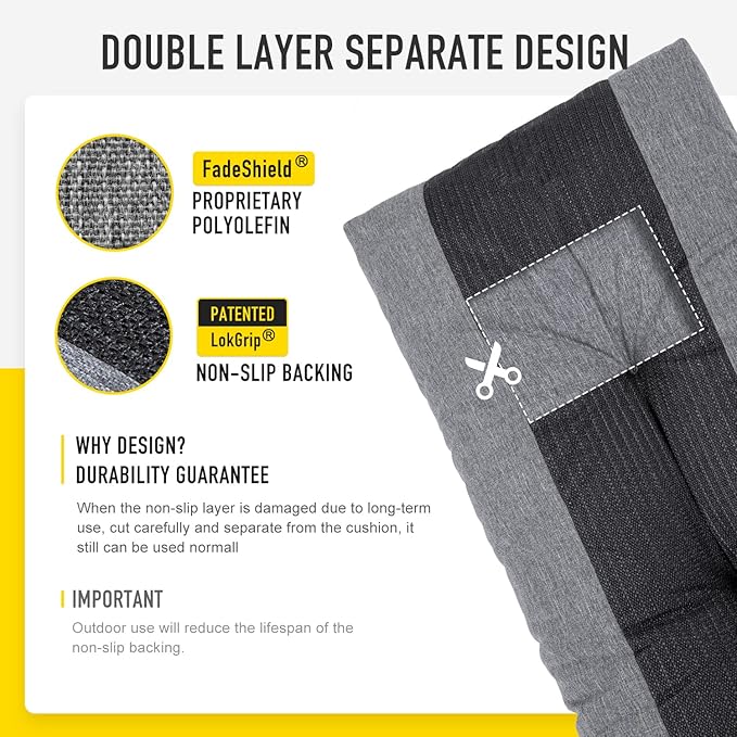 SUNROX LokGrip Non Slip Tufted Memory Foam Bench Cushion, FadeShield Water Resistant Durable Thicken Outdoor/Indoor Bench Seat Pads 42x16x4 inch, Heather Charcoal