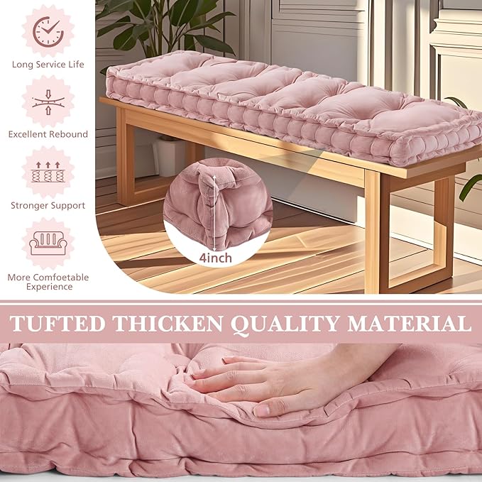 Bench Cushions for Indoor Furniture 42x16 in Velvet Kitchen Dining Piano Window Seat Cushion, Tufted Patio Porch Swing Thicken Bench Pad Memory Foam(Pink)