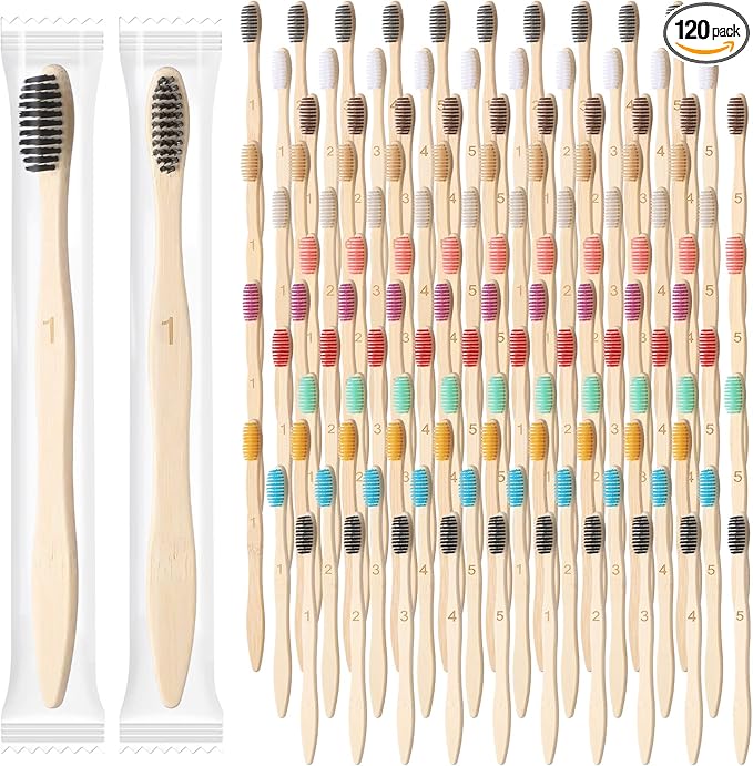 Sieral 120 Pcs 120 Pcs Bamboo Toothbrushes Bulk Soft Bristle Individually Wrapped Travel Toothbrush Eco Friendly Natural Wooden Tooth Brush for Kid Adult Home Travel Use, 7.5 Inch, 12 Colors (Number)