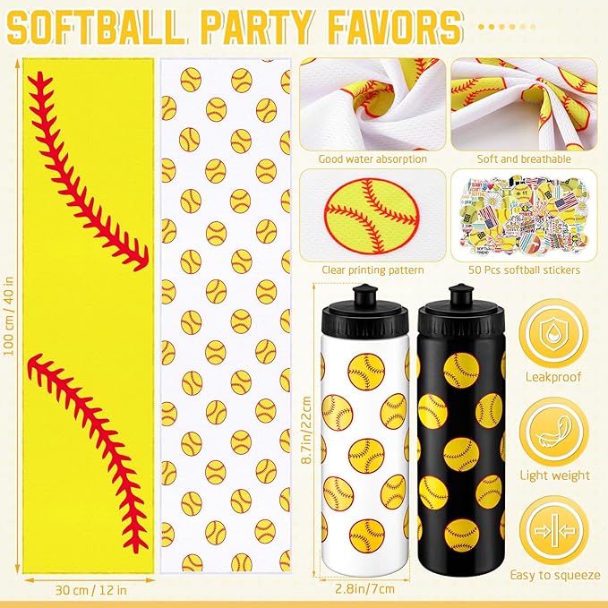 12 Pcs Softball Water Bottle Softball Cooling Towel Set with 50 Sticker Sports Party Favors Include 6 Reusable Sports Squeeze Water Bottle 6 Ice Towel Breathable Fast Drying for Team Gifts