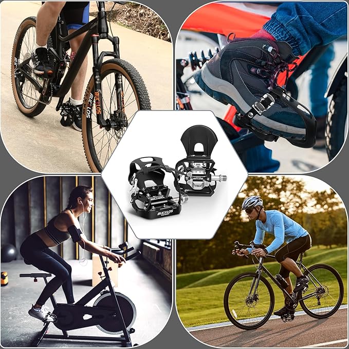 Bucklos Bike Pedals with Toe Cages and Straps - Bicycle Toe Clips Cage Compatible with Road Bike/Peloton/Mountian Bikes/MTB - Toe Clip Pedal for Wide Shoes Indoor Outdoor Cycling