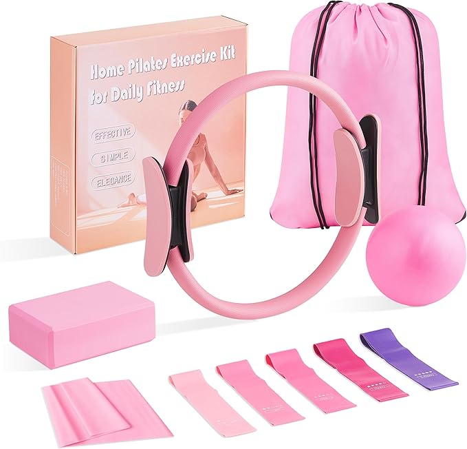 Pilates Kit at Home 10PCS Pilates Equipment with 11.81Inch Pilates Ring 9.8Inch Ball 5PCS Stretching Strap Risistance Bands Block Gym Bag