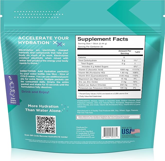 Electrolyte Powder Sugar-Free Hydration Packets Acai Berry HydroMATE 30 Sticks