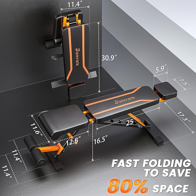 700LBS Adjustable Weight Bench with Headrest - Bonvork Foldable Workout Bench Press with Thickened Steel for Home Gym,Incline Strength Training Exercise Bench for Full Body with 3 Sec Fast Folding