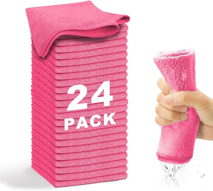 Microfiber Cleaning Cloth-24Pcs (13x13 inch) Ultra Soft Highly Absorbent Rags for Housekeeping-Machine Wash (HotPink)
