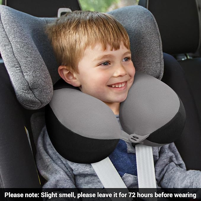 COOLBEBE Kids Travel Neck Pillow, Softly Headrest Travel Pillow for Car & Airplane, Traveling Gifts for Toddler & Children (Black & Blue)