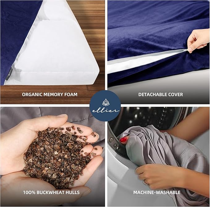 Zafu & Zabuton Meditation Cushion Set - Buckwheat Hull & Memory Foam Pillows, Ergonomic Support for Yoga, Mindfulness - Organic Velvet Cover, Large Size, Durable Comfort (Dark Blue)