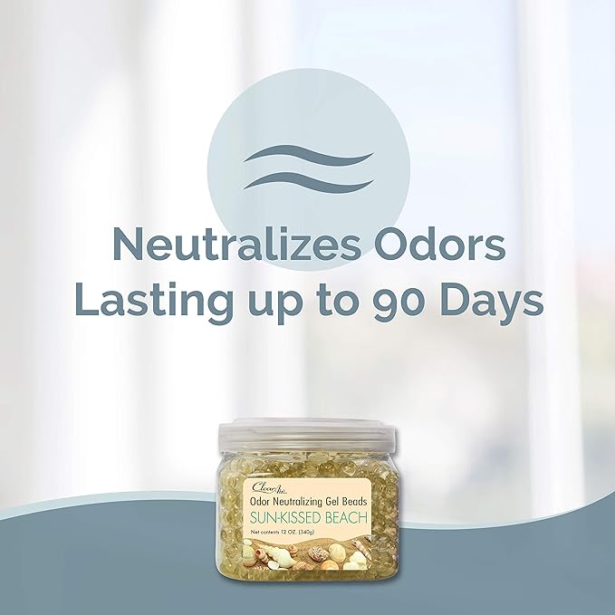 Clear Air Odor Eliminator Gel Beads - 12 oz, Pack of 2 - Air Freshener Made with Essential Oils - Eliminates Odors in Bathrooms, Cars, Boats, RVs & Pet Areas - Sun-Kissed Beach Scent