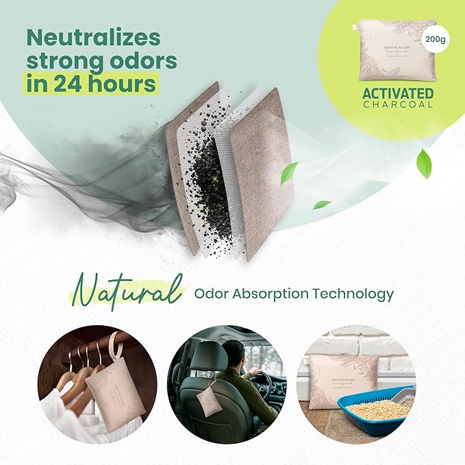 Roonin Charcoal Bags Odor Absorber - Activated Charcoal Bags For Cars - Bamboo Charcoal Air Purifying Bag - Odor Absorber For Home And Car (4-pack/200g)