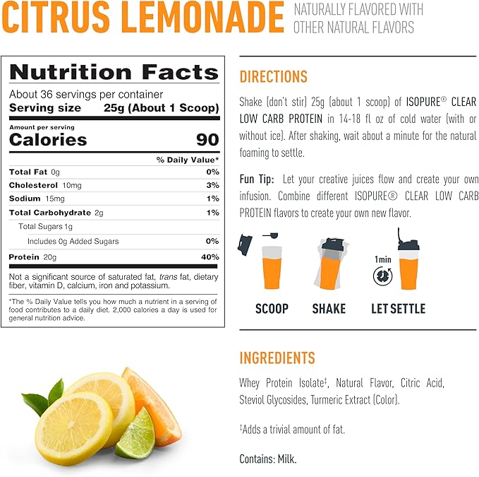 Isopure Clear Whey Isolate Protein Powder Infusions, Lactose Free, Gluten Free, Naturally Flavored, Citrus Lemonade, 20g Protein Per Serving, 1.9 Lb, 36 Servings