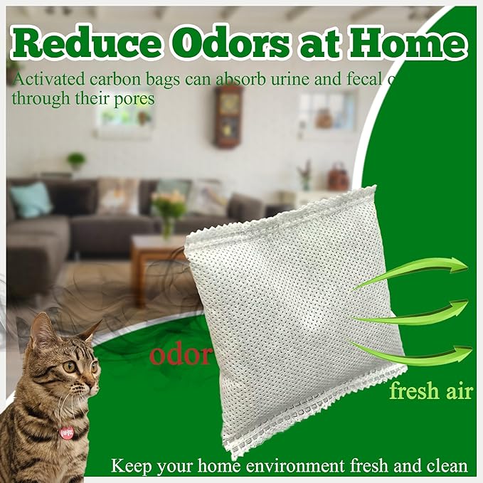 12 * 43g Larger Bag Activated Charcoal Odor Absorber Bags for Stainless Steel Litter Box with Lid, Natural Coconut shell Charcoal Bags, Absorb Odors/Control Damp from Pets/Keep Home Fresh