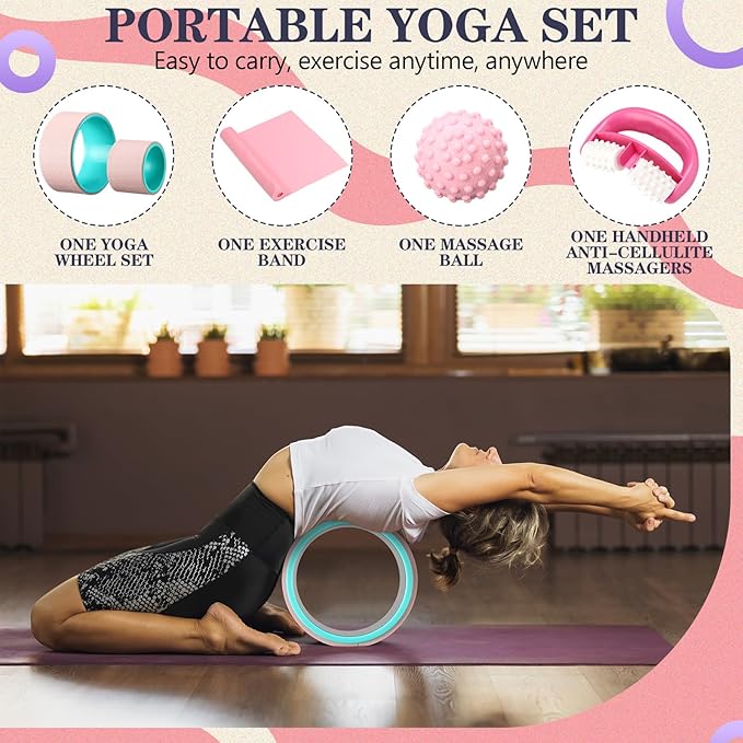 5 Pack Yoga Wheel Set Back Stretcher Wheel for Deep Tissue Massage Foam Roller for Back Pain Relief & Stretching, Trigger Point Therapy Ball, Resistance Loop Exercise Bands, Massage Roller