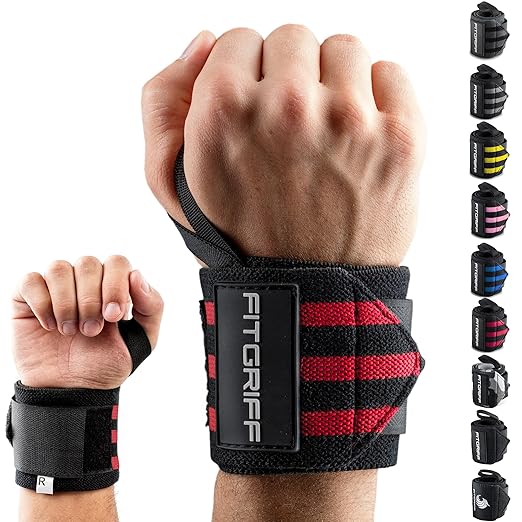 Fitgriff® Wrist Wraps for Weightlifting (18") Heavy-Duty Support for Gym, Bench Press, and Pushups (1 Pair) - for Men and Women (Black/Red)