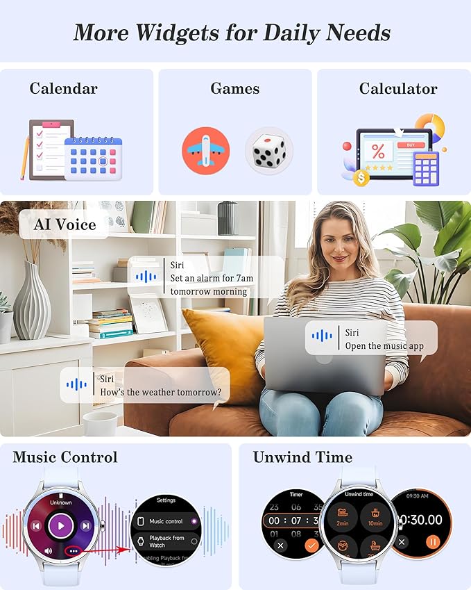 Smart Watch, 41mm Fitness Tracker, Answer/Make Calls, Digital Smartwatch with Heart Rate/Stress/Sleep Monitor, AI Voice, IP68 Waterproof Watch Calculator, Calendar, Games for Lady Women & Men
