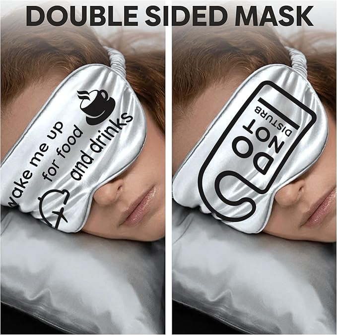 VITYA White Do Not Disturb/Wake Me Up Double-Sided Silk Sleep Mask for Women/Men | Sleep Mask Light Blocking | Soft Breathable Sleep Eye Mask for Traveling on Airplane | Eye Mask with Elastic Strap