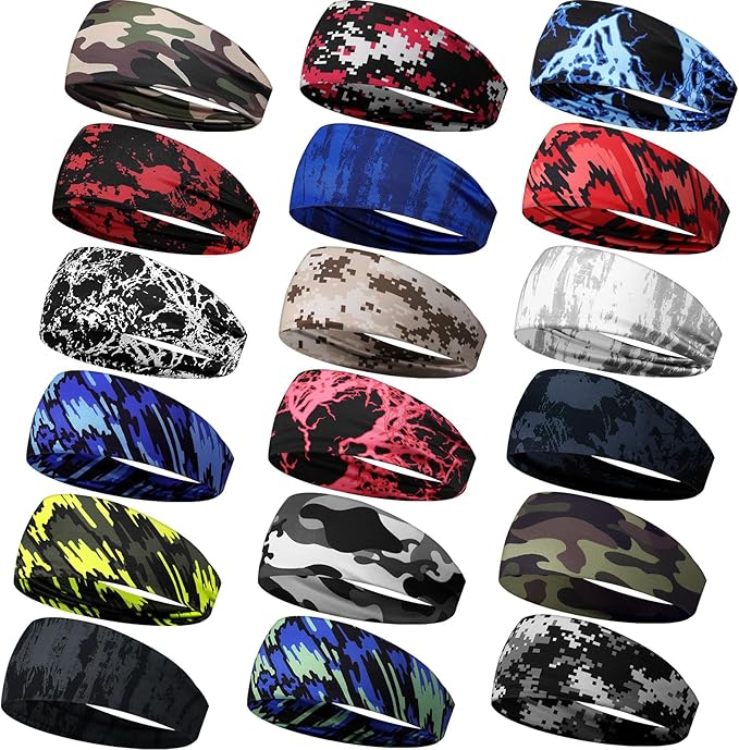 18 Pcs Sports Sweatbands for Men Women Camo Headbands Workout Non Slip Headbands Breathable Head Band Fitness Stretchy Unisex Hairband for Yoga Running Cycling Ball