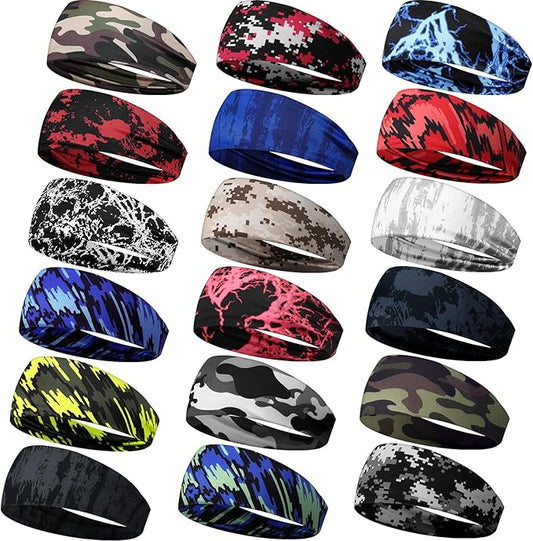 18 Pcs Sports Sweatbands for Men Women Camo Headbands Workout Non Slip Headbands Breathable Head Band Fitness Stretchy Unisex Hairband for Yoga Running Cycling Ball
