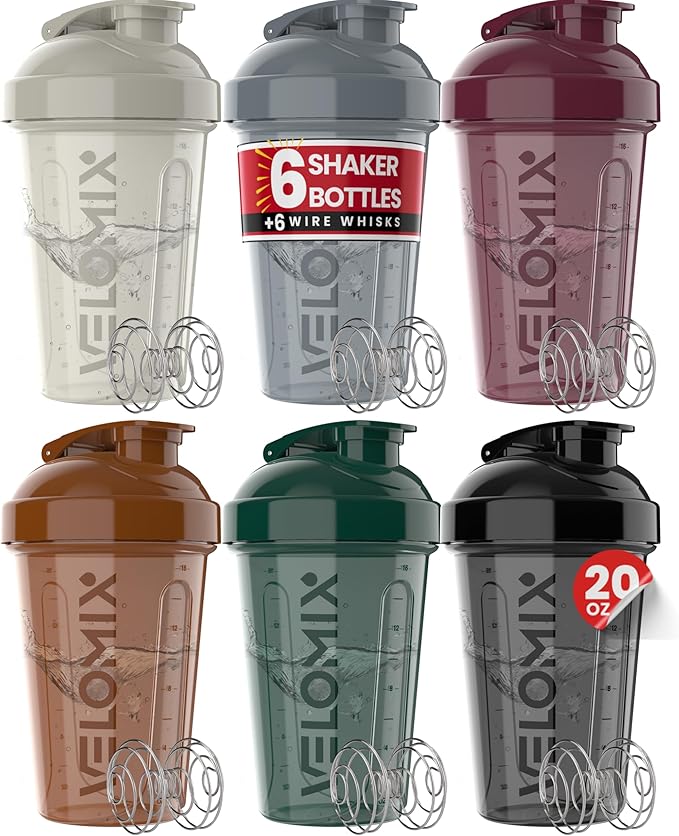-6 PACK- Shaker Cups for Protein Shakes 20 oz - 6x Wire Whisk | Leak Proof Protein Shaker Bottle for Protein Shakes, Shaker Bottle Pack for Pre & Post Workout, Shaker Cup (Mood Tones)
