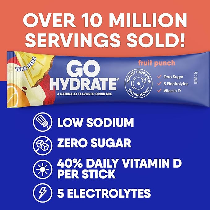 GoHydrate Instant Hydration Powder Packets - Low Sodium Electrolytes Drink Mix - Natural Hydration Support, Sugar Free Electrolyte Flavored Powder Drink with Vitamin D, 30 Packs, Fruit Punch