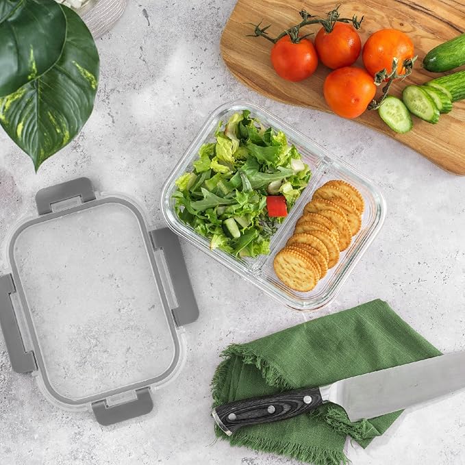 JoyJolt Divided Food Storage Containers with Lids Airtight. 5 Pack Glass Meal Prep Containers 2 Compartment Set Glass Bento Box. Reusable Food Containers, Portion Control Containers for Weight Loss