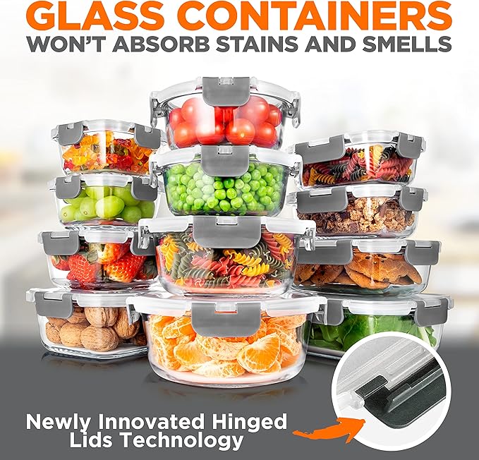 SereneLife 24 Piece Glass Storage Containers with Lids, 12 Pack Glass Meal Prep Container Set for Lunch, Kitchen Storage, Food Storage, Leak Proof, Freezer Safe and Dishwasher Safe, Gray
