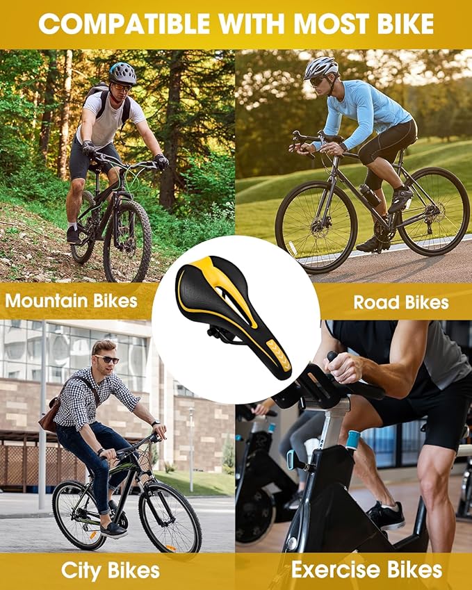 Gel Bike Seat for Men & Women, Mountain Bike Saddle, Comfortable Bicycle Seats, Soft Cushion Padded, Waterproof Saddles for Road, City, Exercise Bikes