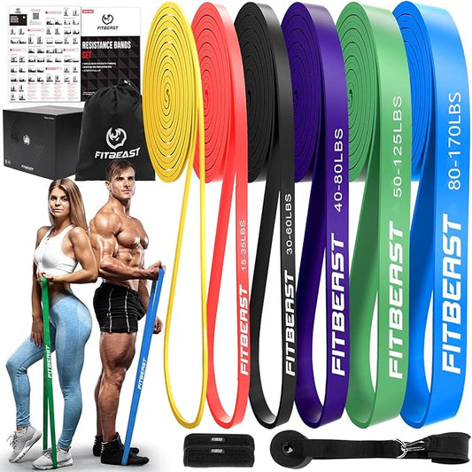 FitBeast Resistance Bands Set, 6 Different Levels, Pull Up Assist Bands for Strength Training, Crossfit, Powerlifting, Muscle Toning, Yoga, Mobility Exercises, Rehabilitation, Full-Body Workout