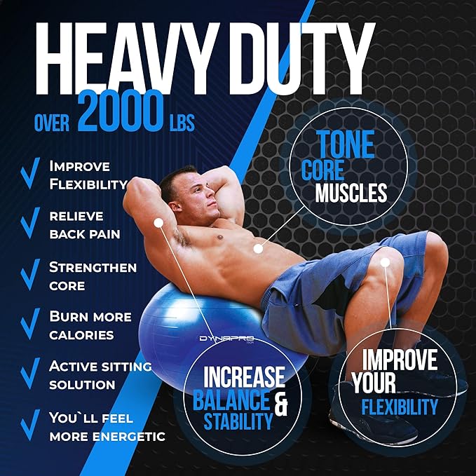 DYNAPRO Exercise Ball Extra Thick Eco-Friendly & Anti-Burst Material Supports over 2200lbs, Stability Ball for Home, Yoga, Gym, Birthing, Physio, Swiss, Physical Therapy or Pregnancy