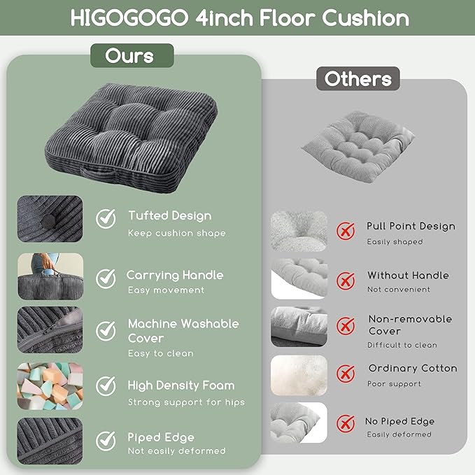 HIGOGOGO Washable Floor Pillow Cushion for Adults, Meditation Cushion Pillow, Large Square Floor Sitting, Removable Tufted Corduroy Cover, for Tatami Living Room or Yoga, 22x22 Inch, Machine Washable