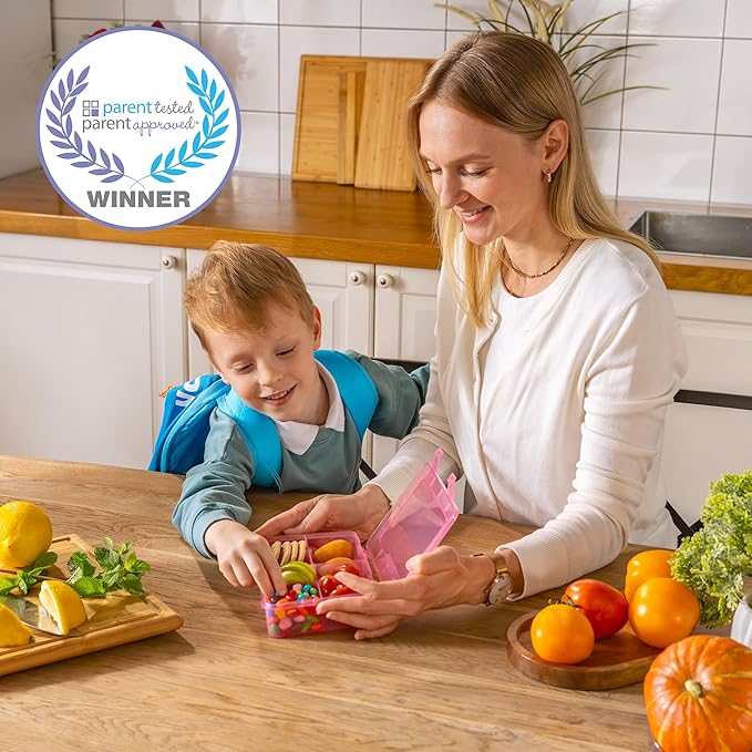 Snack Box Containers Set of 2-Reusable,100 Dissolvable Labels, 8 Adjustable Compartments, Dishwasher Safe, BPA-Free, Meal Prep Container, PARENT TESTED PARENT APPROVED AWARD (2 Pack) (Pink)