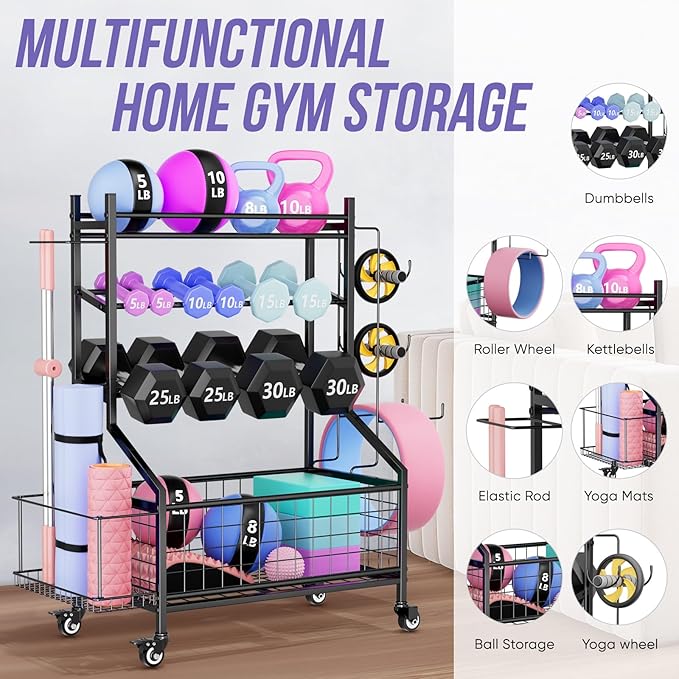 WUC Adjustable Dumbbell Rack, Weight Rack for Home Gym Storage, All-in-One Workout Equipment Storage with Wheels and Hooks for Dumbbells, Kettlebells, Yoga Mats & Balls, Durable Powder Coated Steel
