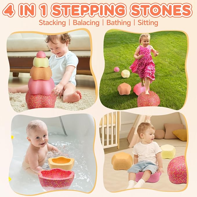 Sound Stepping Stones for Kids - 5 Pcs Non-Slip Indoor or Outdoor Balance Stones, Obstacle Course Coordination Game for Aged 3 4 5 6, Sensory Toys for Toddlers, Birthday Gifts