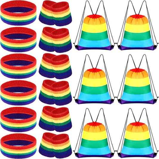 24 Pcs Rainbow Pride Sweatband and Workout Gear Set Includes 6 Sets Colorful Striped Sweatband Set Head Wrist Sweat Bands with 6 Gay Flag Drawstring Backpack Bag for Women Men