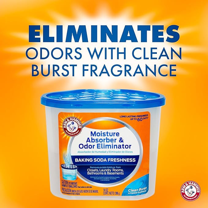 Arm & Hammer Clean Burst Moisture Absorber and Odor Eliminator Tubs, 14 oz, 3 Pack, Attract and Trap Excess Moisture, Eliminate Musty Odors, Convenient and Effective, White