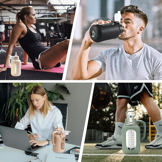 64 oz Glass Water Bottle with Straw and Handle Half Gallon Water Jug with Silicone Sleeve Large Water Bottle for Office, Gym, Outdoor Sports