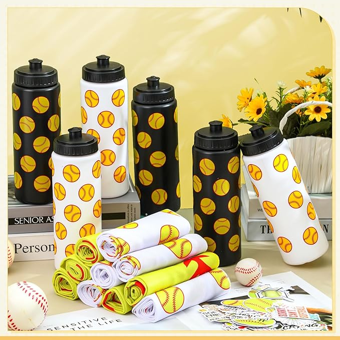 12 Pcs Softball Water Bottle Softball Cooling Towel Set with 50 Sticker Sports Party Favors Include 6 Reusable Sports Squeeze Water Bottle 6 Ice Towel Breathable Fast Drying for Team Gifts