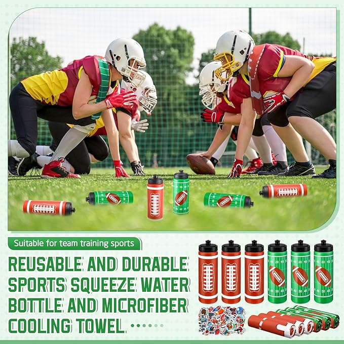 12 Pcs Football Water Bottle Football Cooling Towel Set with 50 Sticker Sports Party Favors Include 6 Reusable Sports Squeeze Water Bottle 6 Ice Towel Breathable Fast Drying for Team Gifts
