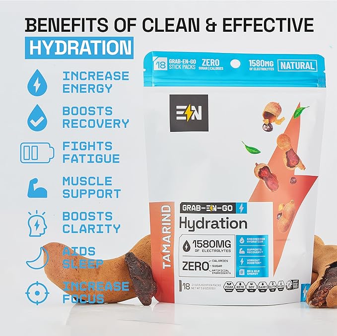 EN, Sugar-Free Electrolytes Powder Packets β Keto Electrolytes Hydration Packets, Single-Serving Electrolytes, Zero Calories, Vegan, Non-GMO, Organic, Gluten-Free, Tamarind 18 CT