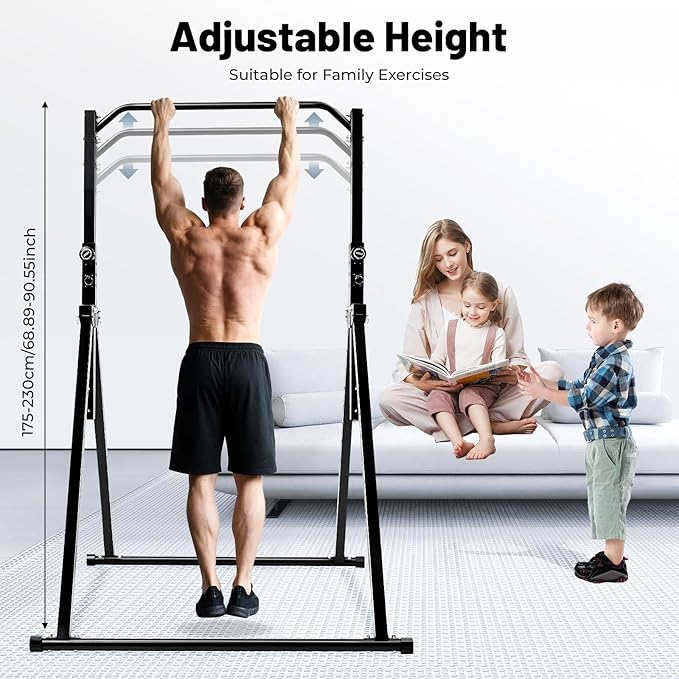 Foldable Power Tower Pull Up Bar, Height Adjustable Dip Station for Home Gym, Multi-Function Fitness Equipment for Strength Training and Workouts