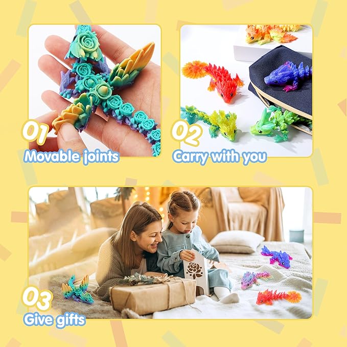 JOYIN 8 Pcs 3D Printed Dragon, 4.4" Colorful 3D Printed Flexible Articulated Dragon Fidget Toys for Home Office Desk Decor, Autism Stress Relief Fidget Toys for Kids & Adults Birthday Gift
