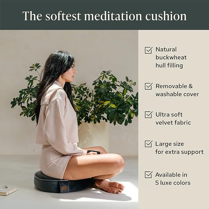 Mindful Modern Velvet Meditation Cushion | Luxe Zafu Yoga Floor Pillow Seat | Posture Support | Buckwheat Hull Filled | Large Round Cushion with Removable Washable Cover + Carry Handle
