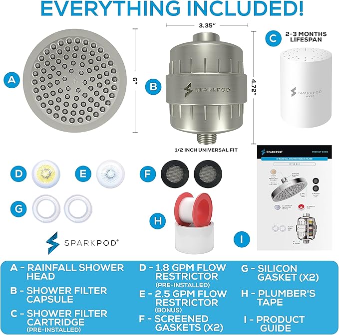 SparkPod Luxury Filtered Shower Head Set 23 Stage Shower Filter - Reduces Chlorine and Heavy Metals - High Pressure Showerhead Filter (6" Round, Brushed Nickel)