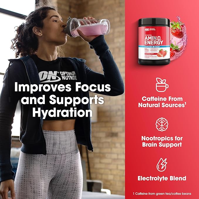 Optimum Nutrition Amino Energy Powder Plus Focus, with BCAA, Electrolytes, and Caffeine, Strawberry Burst, 65 Servings (Packaging May Vary)