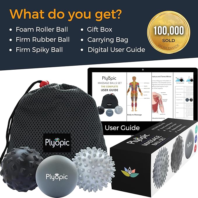 Plyopic. Massage Ball Set – for Deep Tissue Muscle Massage, Myofascial Release, Trigger Points, Mobility, Plantar Fasciitis - Eliminate Muscle Tension & Tightness in Your Back Neck Foot